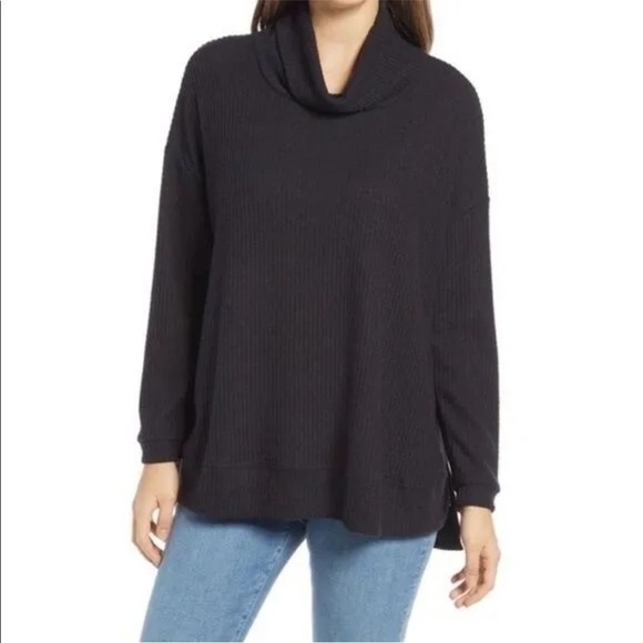 Everleigh Cowl Neck Waffle Knit High Low Tunic Top in Black Sz S NEW - Picture 3 of 12